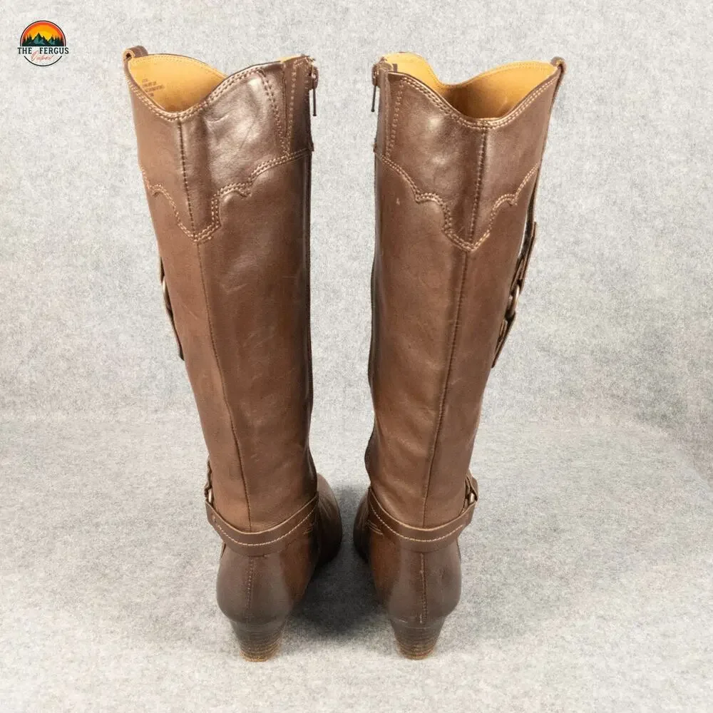 Sofft Riding Boots Brown Leather Knee High Harness Strap Block Heels Women's 8M